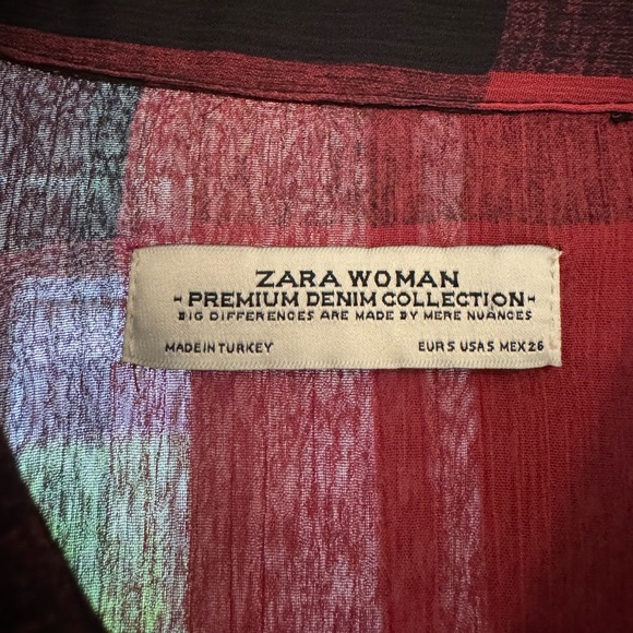 Zara Long Red Black Sheer Plaid Flannel Button Up - Picture 4 of 5